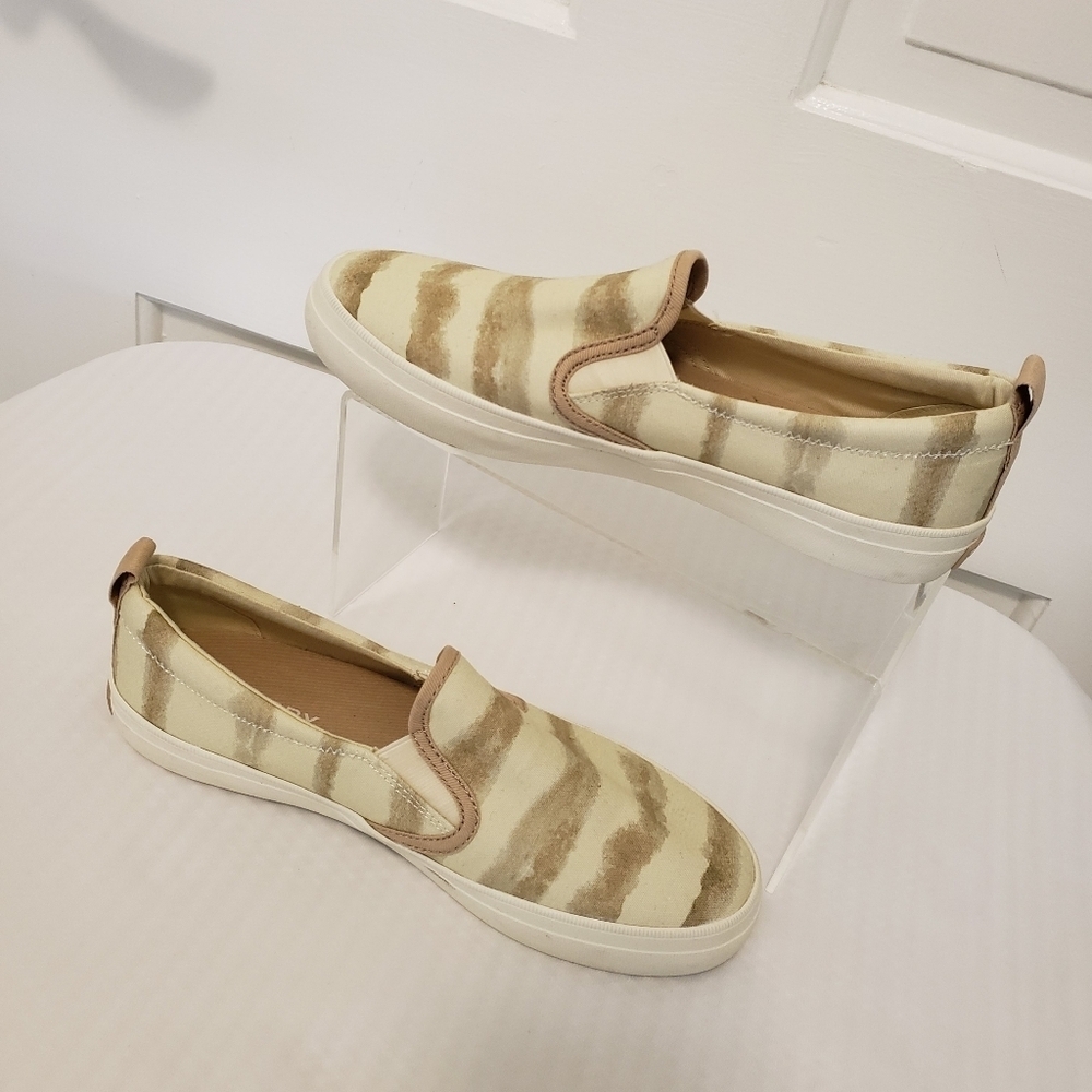 EUC Sperry Crest Twin Gore Beige Tie Dye Stripe Loafer Shoes Size 8.5, Casual